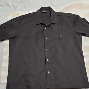 STEADY Mens Sz Large Skull Crossbones Bowling Button Up Shirt Black Embroidery